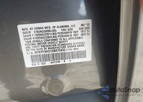 2013 Honda Pilot Ex-L from USA, damaged, VIN 5FNYF4H51DB075452